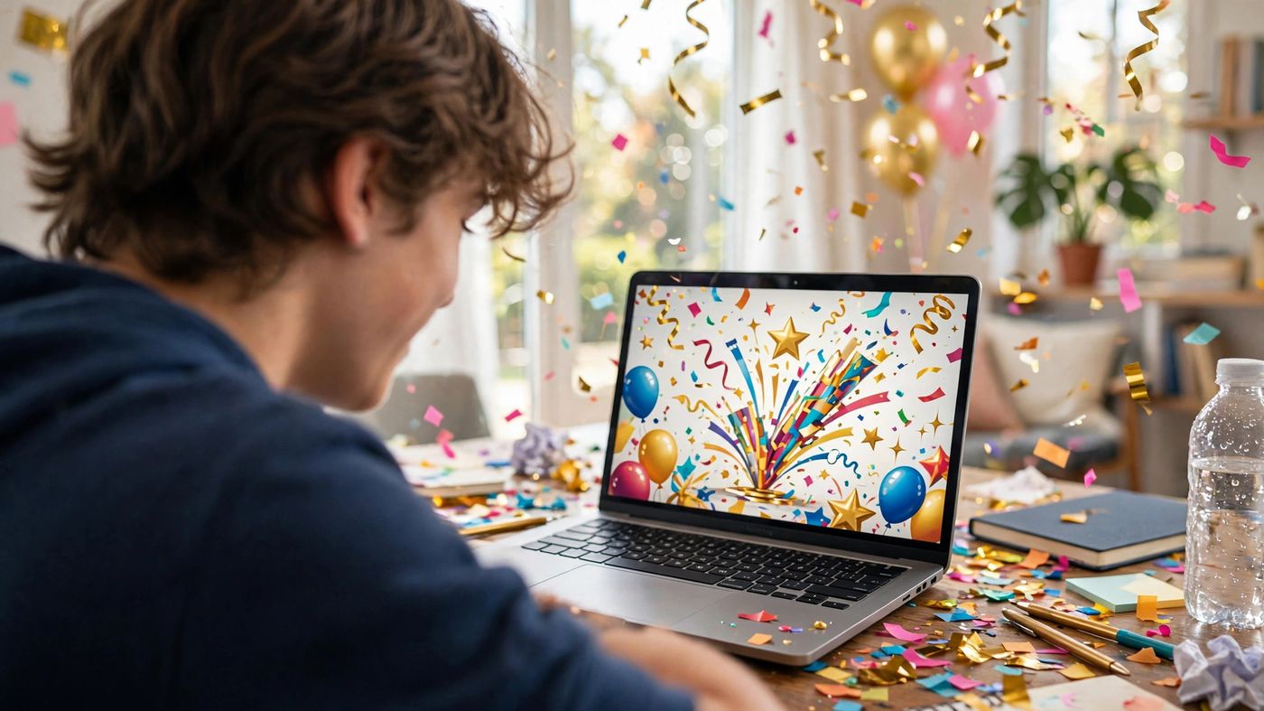A student celebrating good news on a laptop