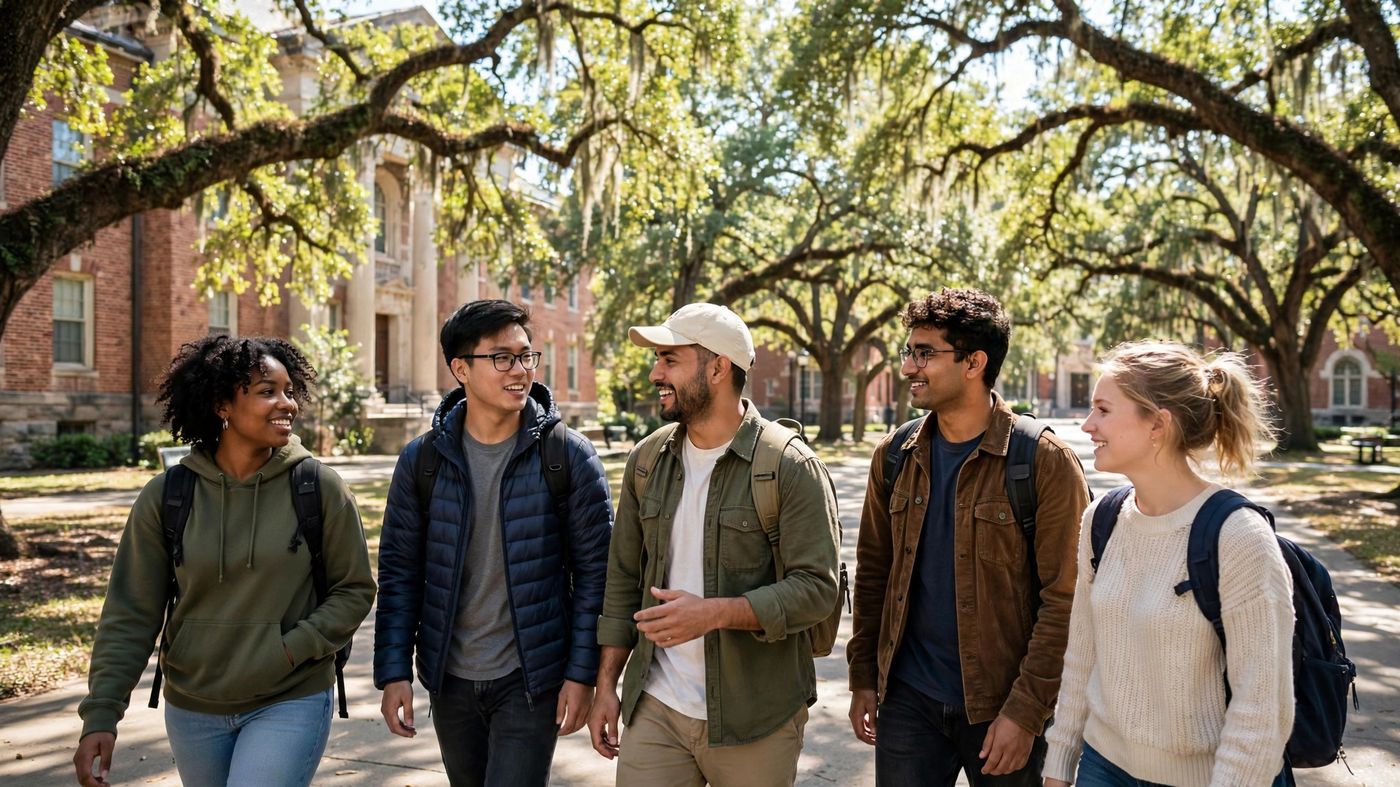 Students walking on a university campus