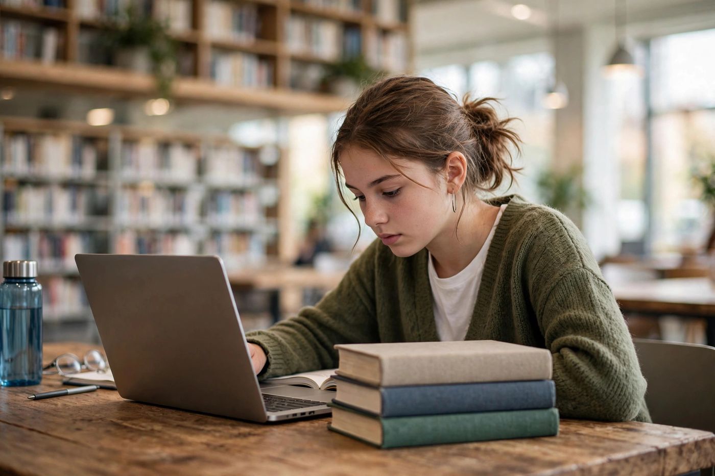 A student studying in a library